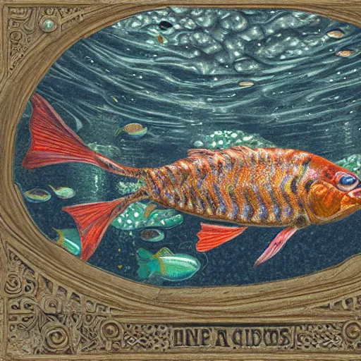 Prompt: fish swimming through a flooded city, deep aesthetic, hyper realism, highly ornate intricate details, 1 9 2 0's colored pencil, 4 k, cinematic lighting,