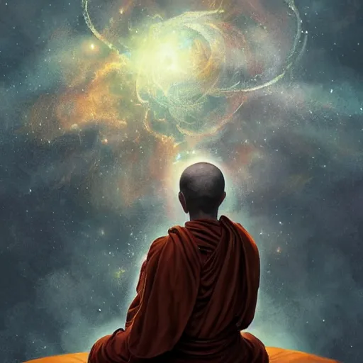 Image similar to A monk praying to the cosmos for inner peace, digital art, artstation, dramatic lighting, intricate, wild, highly detailed, digital painting, artstation, concept art, smooth, sharp focus, illustration, art by artgerm and greg rutkowski