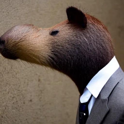 Prompt: capybara head, a man wearing a suit capybara head