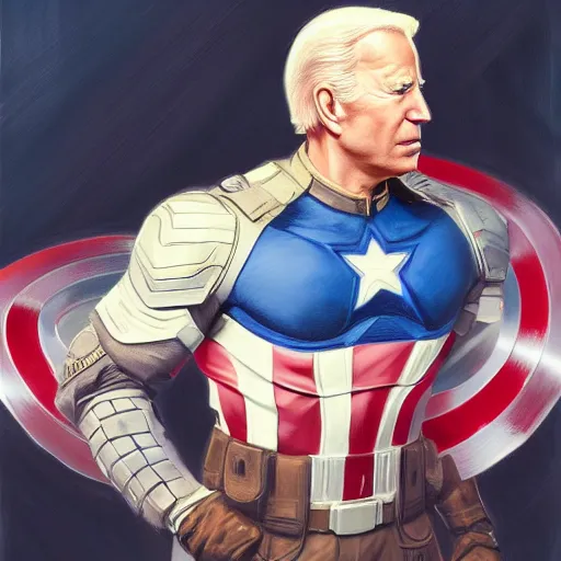 Image similar to full body concept art of Joe Biden as Captain America, oil on canvas, in the style of J.C. Leyendecker, Ross Tran and WLOP, 4k