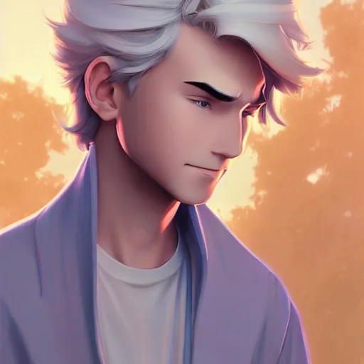 Prompt: young man with short, ash blond greyish hair, path traced, highly detailed, high quality, digital painting, by don bluth and ross tran and studio ghibli and alphonse mucha, sylvain sarrailh