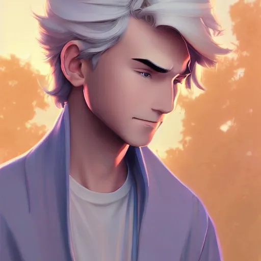 Image similar to young man with short, ash blond greyish hair, path traced, highly detailed, high quality, digital painting, by don bluth and ross tran and studio ghibli and alphonse mucha, sylvain sarrailh