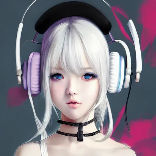 Image similar to realistic teasing detailed semirealism beautiful gorgeous cute Blackpink Lalisa Manoban white hair white cat ears blue eyes, wearing black camisole outfit, headphones, black leather choker full HD 4K high resolution quality WLOP, Aztodio, Taejune Kim, Guweiz, Pixiv, Instagram, Artstation