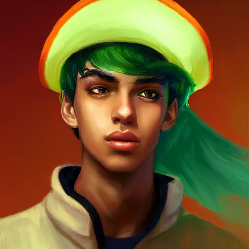Image similar to colorful and Festive Captivating teenager boy with straight green hair, green eyes, dark skin tone, wearing a white captain hat and orange jacket. rich vivid colors, ambient lighting, dynamic lighting, 4k, atmospheric lighting, painted, intricate, highly detailed by Charlie Bowater
