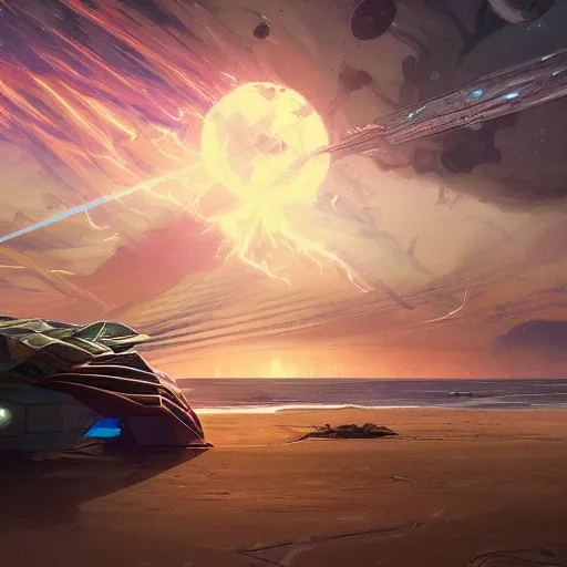 Prompt: Sci-fi spaceship parked on an empty beach, at dusk, art by Greg Rutkowski and Alphonse Mucha. colorful, highly detailed, trending on Artstation, 4k, epic, cinematic lightning