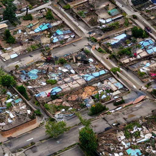 Image similar to top down aerial view of dilapidated kindergarden and suburb real life, desolate with zombies, dilapidated, zombies in the streets, nightmarish, some rusted style parked vehicles, sunny weather, few clouds, volumetric lighting, photorealistic, daytime, autumn, sharp focus, ultra detailed, cgsociety