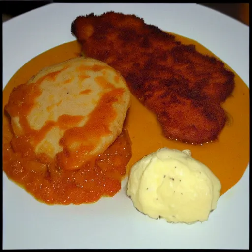 Image similar to schnitzel on orange gravy, mashed potatoes, Michelin star, award winning