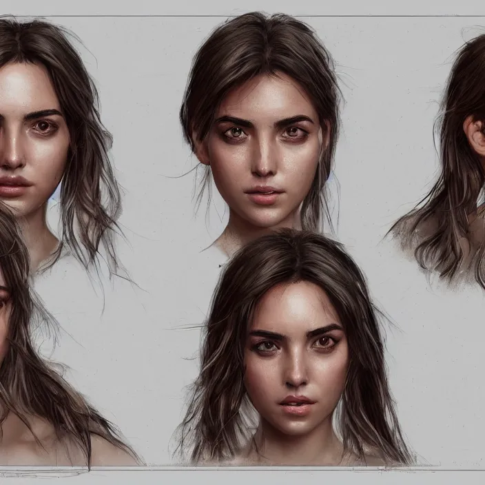 Image similar to ana de armas, face study sheet, concept design, contrast, kim jung gi, greg rutkowski, zabrocki, karlkka, jayison devadas, trending on artstation, 8 k, pincushion lens effect