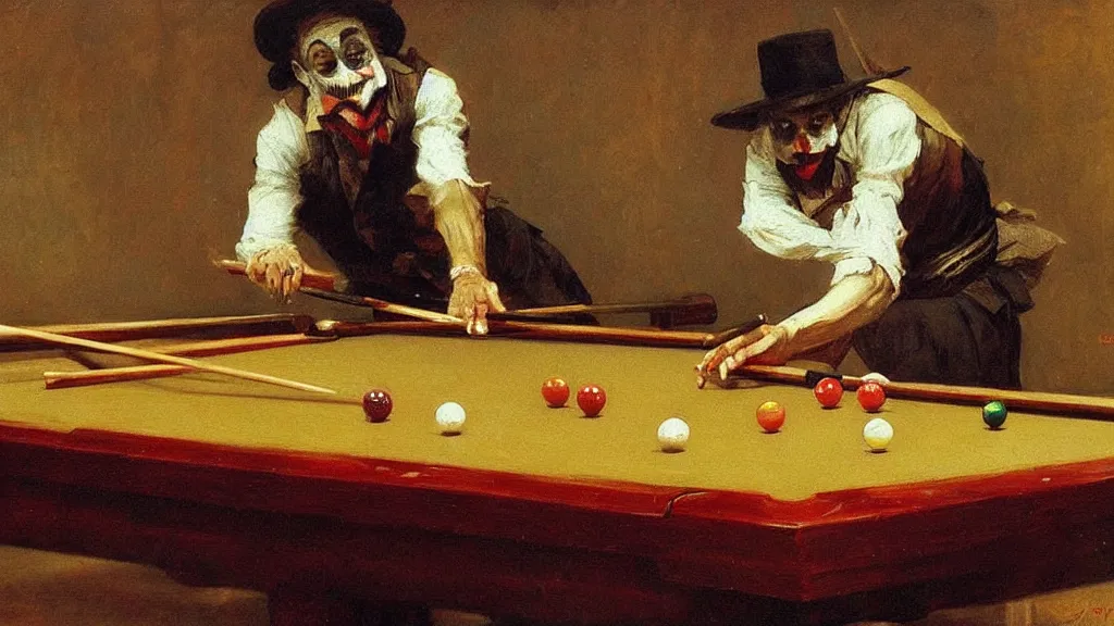 Image similar to high quality high detail painting by ilya repin, the joker playing pool hd