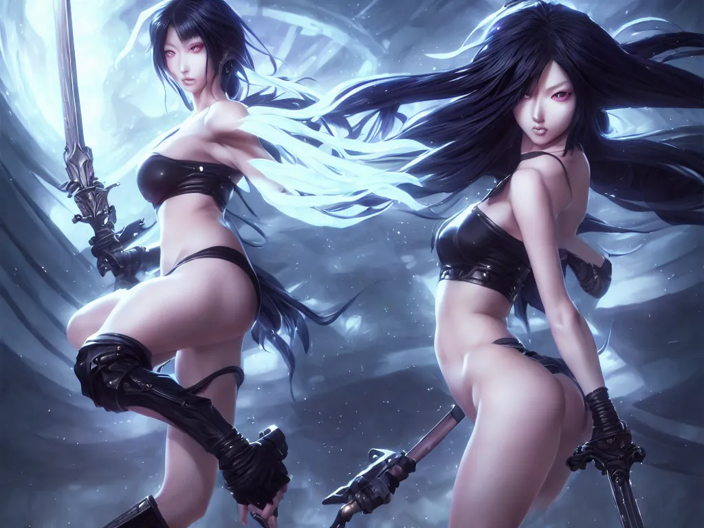 Image similar to extremely beautiful aesthetic girl with ego weapons, black long hair, occlusion shadow, specular reflection, rim light, unreal engine, octane render, artgerm, artstation, art by hiroaki samura and jiro matsumoto and yusuke murata, high quality, highly detailed 8 k, fantasy illustration, beautiful shape of body, epic scene