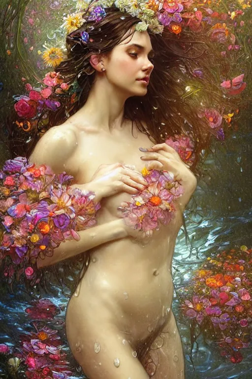 Prompt: portrait of a beautiful woman holding a bouquet of flowing flowers, drenched body, wet dripping hair, emerging from the water, fantasy, regal, fractal crystal, fractal gems, by stanley artgerm lau, greg rutkowski, thomas kindkade, alphonse mucha, loish, norman rockwell