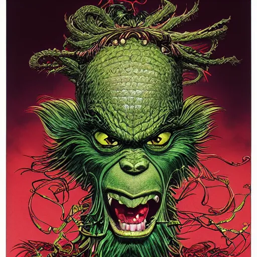 Prompt: portrait of crazy grinch, symmetrical, by yoichi hatakenaka, masamune shirow, josan gonzales and dan mumford, ayami kojima, takato yamamoto, barclay shaw, karol bak, yukito kishiro