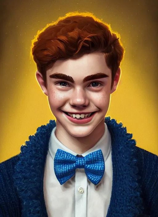 Image similar to portrait of teenage archie andrews, freckles, curly middle part haircut, curly hair, middle part hairstyle, smiling kindly, wearing a bowtie and sweater vest, intricate, elegant, glowing lights, highly detailed, digital painting, artstation, concept art, smooth, sharp focus, illustration, art by wlop, mars ravelo and greg rutkowski