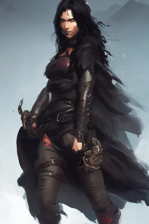 Prompt: a very tough looking adventurer girl with long black hair wearing a cape, trending on artstation, cinematic composition, detailed, hd, digital art, by greg rutkowski