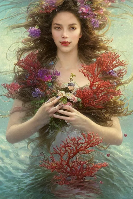 Prompt: portrait of a beautiful mysterious woman, holding a bouquet of large flowing flowers, bubbles, upward flowing long hair, hands disappeared under the bouquet, underwater with coral and fish, telephoto lens, fantasy, regal, intricate, by stanley artgerm lau, greg rutkowski, thomas kinkade, alphonse mucha, loish, norman rockwell