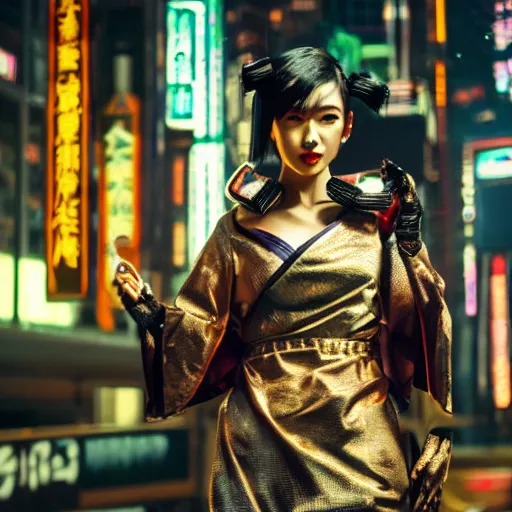 Prompt: a geisha dressed in metallic clothes, in a futuristic city int he style of cyberpunk 2 0 7 7, award winning photography