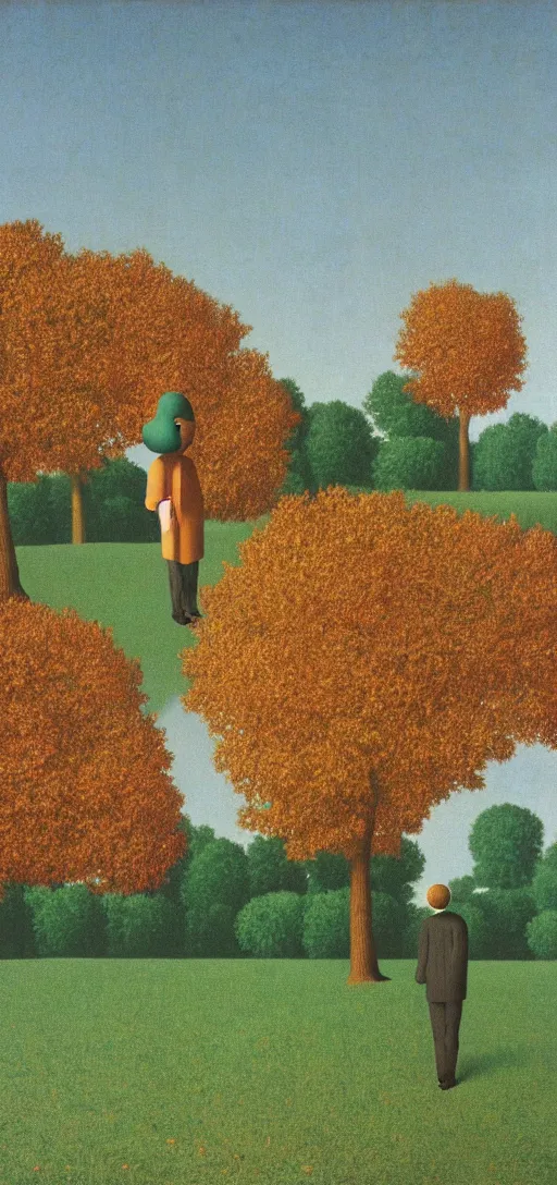 Prompt: Philosopher with apple head walking in the park on an Autumn day by Rene Magritte. Leaves falling. Shadows. Teal color scheme. Powerful sunset.