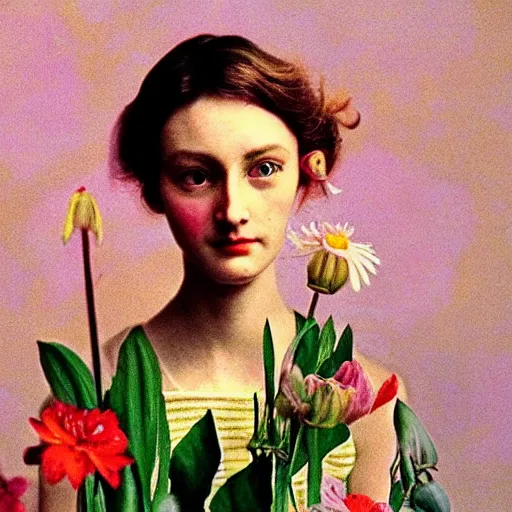 Image similar to a lot of flowers morphing in a beautiful girls face, film still by wes anderson, depicted by balthus, limited color palette, very intricate, art nouveau, highly detailed, lights by hopper, soft pastel colors, minimalist