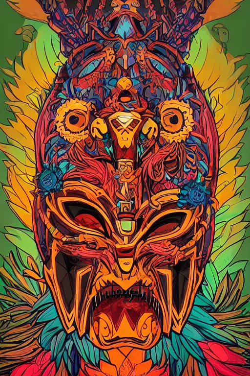 Image similar to animal mask totem roots flower tribal feather gemstone plant wood rock shaman vodoo video game vector cutout illustration vivid multicolor borderlands comics by josan gonzales and dan mumford radiating a glowing aura