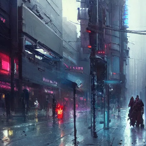 Image similar to sidewalk of a cyberpunk city, painted by raymond swanland, painted by greg rutkowski, painted by jeremy mann, painted by igor kieryluk, trending on artstation