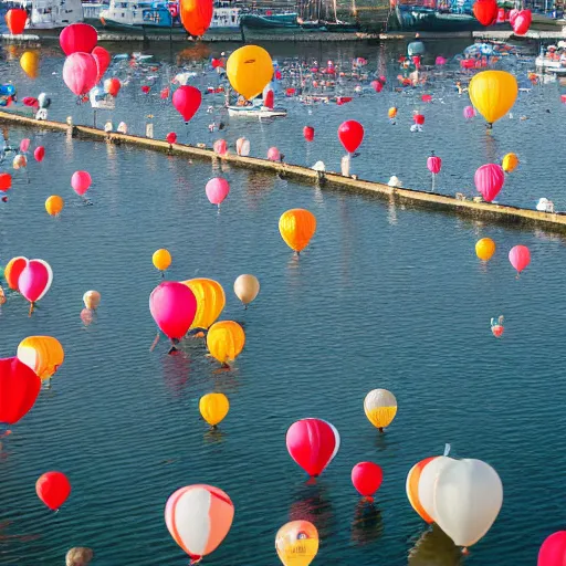 Image similar to photo of a lot of birthday balloons floating above a beautiful maritime port in bretagne. sharp focus, highly - detailed, award - winning