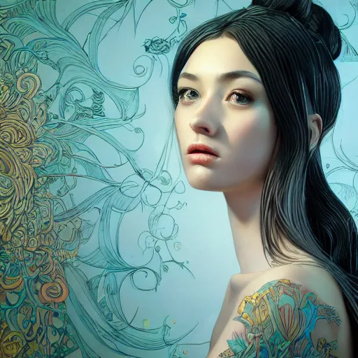 Image similar to the portrait of an unbelievably beautiful, elegant, sensual, and sophisticated young woman, an ultrafine detailed illustration by james jean, intricate linework, bright colors, final fantasy, behance contest winner, vanitas, angular, altermodern, unreal engine 5 highly rendered, global illumination, radiant light, detailed and intricate environment