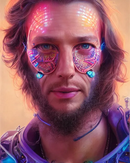 Image similar to a futuristic male hippie wearing tie - dye and cybernetic - implants | cyberpunk art | highly detailed | very intricate | symmetrical | cinematic lighting | award - winning | closeup portrait | painted by donato giancola and mandy jurgens and rossdraws and rhads | featured on artstation