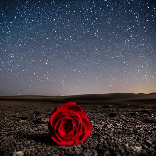 Prompt: a red rose is growing in the middle of the desert. beautiful starry sky can be seen in the background. 8 5 mm shot.