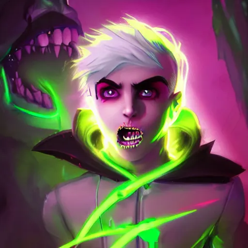 Image similar to Young Danny phantom, ghostly, with glowing green eyes and sharp teeth fangs alt art fashion punk, art by WLOP and Charlie Bowater and WLOP and Mark Arian and Ross Tran + neon colors, symmetry,A digital matte intricate illustration concept art , intricate complexity, epic composition, magical atmosphere, highly detailed, cinematic lighting + masterpiece, trending on artstation + 8k