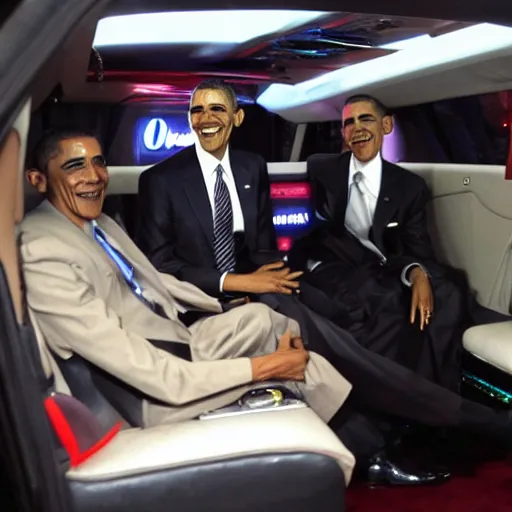 Image similar to barack obama on pimp my ride sitting in his newly upgraded presidential limo complete with a playstation 2, and a minibar. there are also neon lights in the interior.