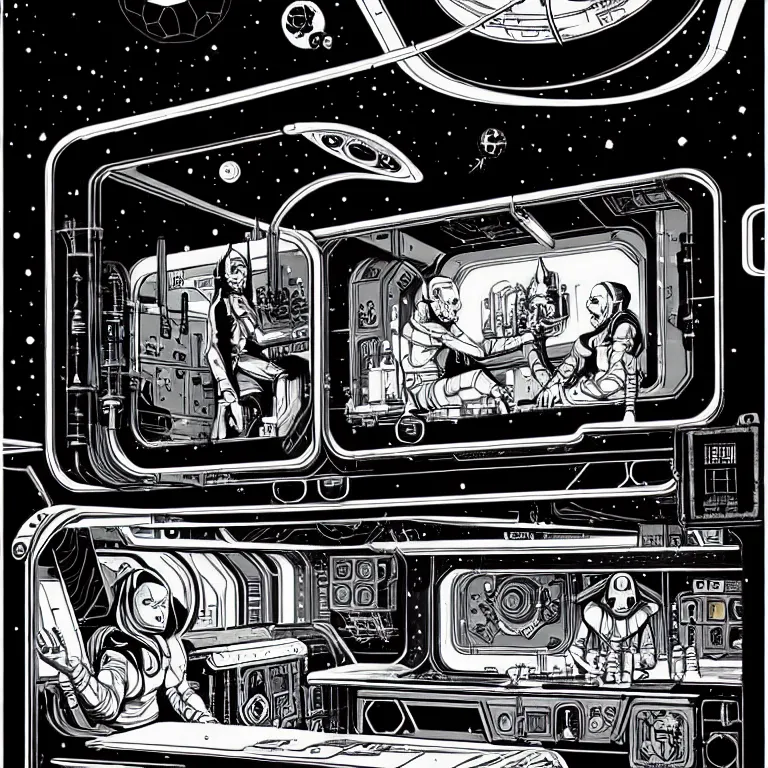 Prompt: ancient alchemist wizards laboratory inside of a spaceship, high details, lineart, by vincent di fate, inking, 3 color screen print, masterpiece, trending on artstation, sharp, high contrast, hyper - detailed, hd, 4 k, 8 k