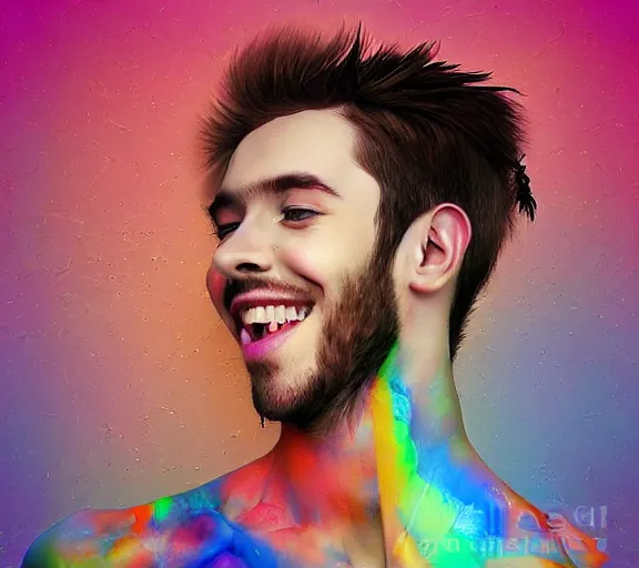 Image similar to beautiful young man smiling running his hand through his hair, digital art, colourful, digital art, seductive.