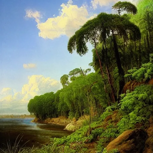 Image similar to painting of a lush natural scene on an alien planet by ivan shishkin. beautiful landscape. weird vegetation. cliffs and water.