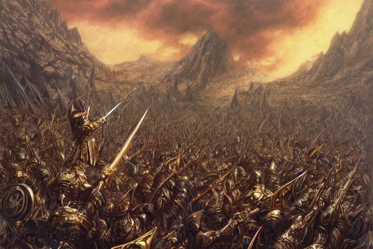 Image similar to high elf hero in gold armor with glorious sword facing hordes of orcs in an epic battle by John Howe