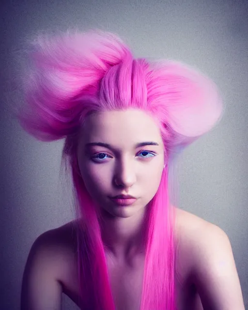 Image similar to a dramatic lighting photo of a beautiful young woman with cotton candy hair. with a little bit of cyan and pink