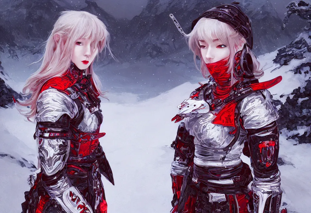 Prompt: portrait ninja gaiden girl, armored white and red reflective vests ninja wardrobe, at snowy fuji mountain fallen night, ssci - fi and fantasy, intricate and beautiful and detailed, digital painting, artstation, concept art, smooth and sharp focus, illustration, art by tian zi and wlop and alphonse mucha