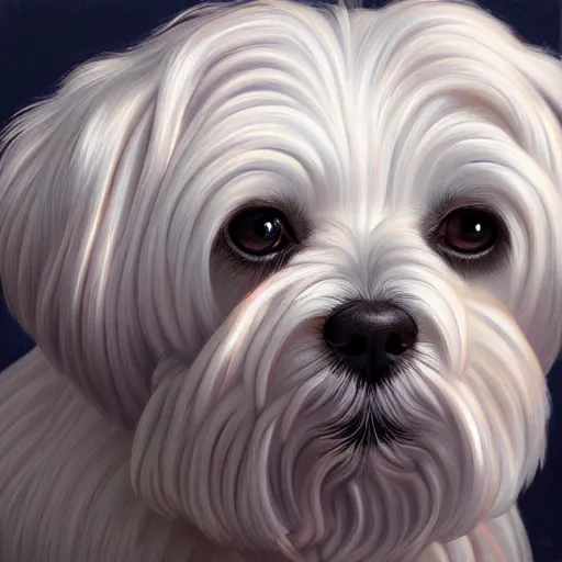 Prompt: intricate five star maltese dog portrait by casey weldon, oil on canvas, hdr, high detail, photo realistic, hyperrealism, matte finish, high contrast, 3 d depth, centered, masterpiece, vivid and vibrant colors, enhanced light effect, enhanced eye detail, artstationhd