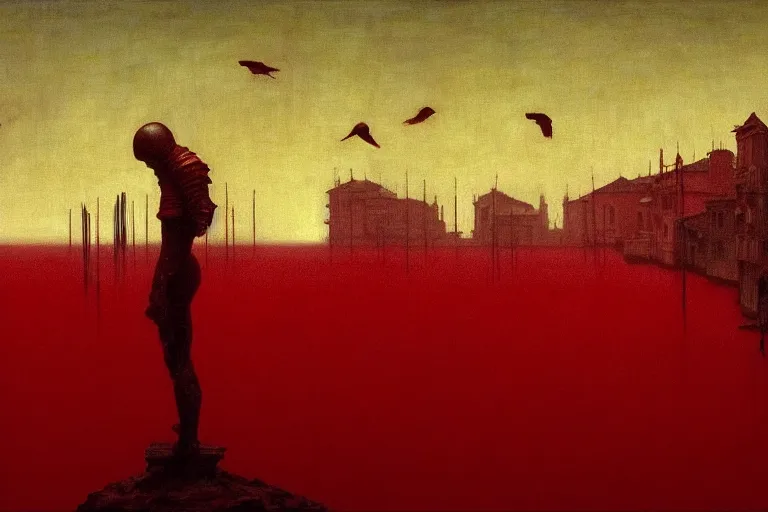 Image similar to only with red, a red dystopic knight, venice, flock of birds in the red sky, in the style of beksinski, parts by edward hopper, parts by rodcenko, parts by yue minjun, intricate and epic composition, red by caravaggio, insanely quality, highly detailed, masterpiece, red light, artstation, 4 k