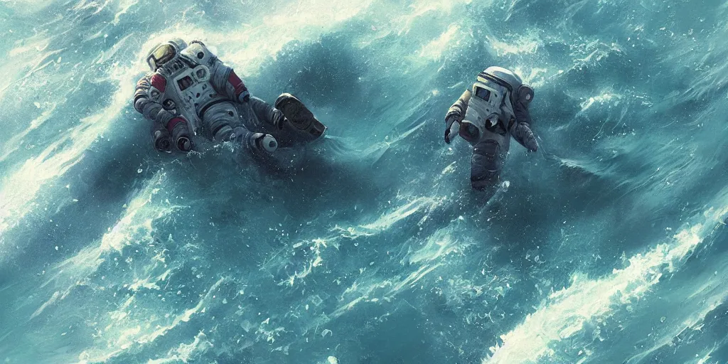 Image similar to an astronaut waist deep in the ocean,digital art,detailed,ultra realistic,art by greg rutkowski