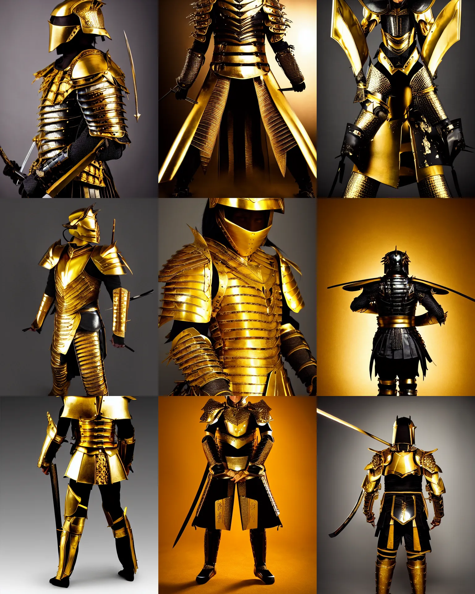Prompt: !dream a studio photography of samourai wearing gold and black armor, dramatic backlighting,