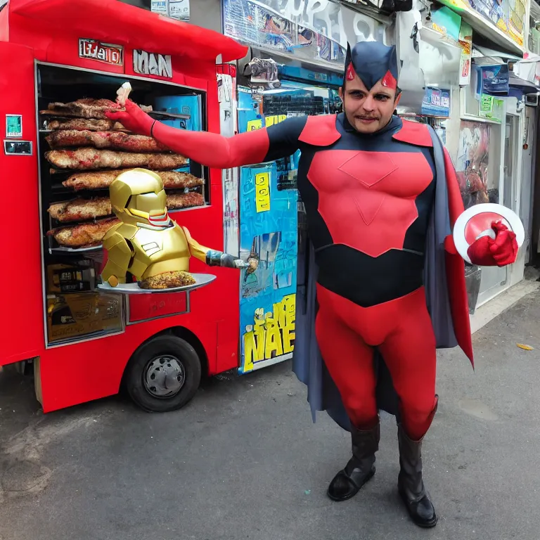 Prompt: Kebab man, superhero alternative to Iron man, photograph