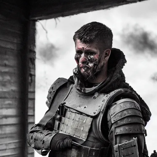 Image similar to Weeping modern mercenary wearing grey body armor smoking a cigarette in the aftermath of a bloody battle, photo by Adam Ferguson in 2022, Pulitzer Winning, cinematic composition, breathtaking, modern, 2022