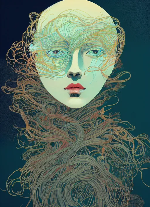 Prompt: beautiful illustration of a face made of ribbons of seaweed, in the style victo ngai and sam guay and abigail larson and moebius, rim light, vibrant moody colors, plain background, dramatic lighting, unreal engine 5, trending on artstation