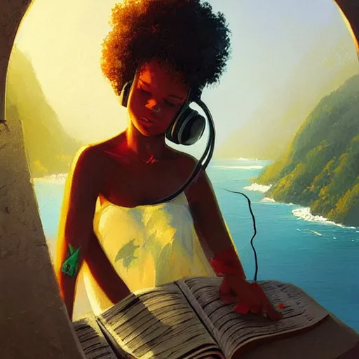 Image similar to lo-fi colorful masterpiece by Greg Rutkowski, WLOP, Dan Mumford, Christophe Vacher, painting, black girl, curly hair, with headphones, studyng in bedroom, window with rio de janeiro view, lo-fi illustration style, by WLOP, by loish, by apofis, alive colors