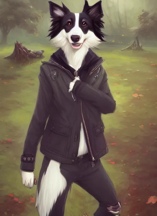 Image similar to wide angle full body portrait of a cute male anthropomorphic border collie fursona wearing a jacket in front of a park, character design by charlie bowater, henry asencio, and ross tran, furry art, furaffinity, scenic background, intricate, elegant, beautiful, fantasy, glamor pose, detailed, trending on artstation