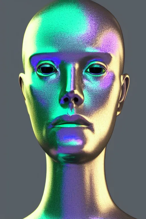 Image similar to 3d render of holographic human robotic bust made of glossy iridescent, bust, surrealistic 3d illustration of a human non-binary, non binary model, 3d model human, cryengine, made of holographic texture, holographic material, holographic rainbow, concept of cyborg and artificial intelligence