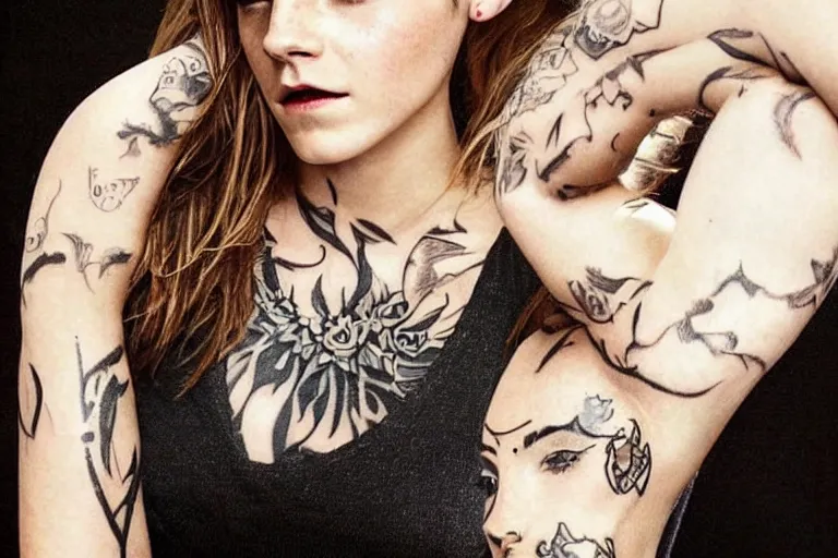 Image similar to emma watson, dope tattoo, hyperrealistic