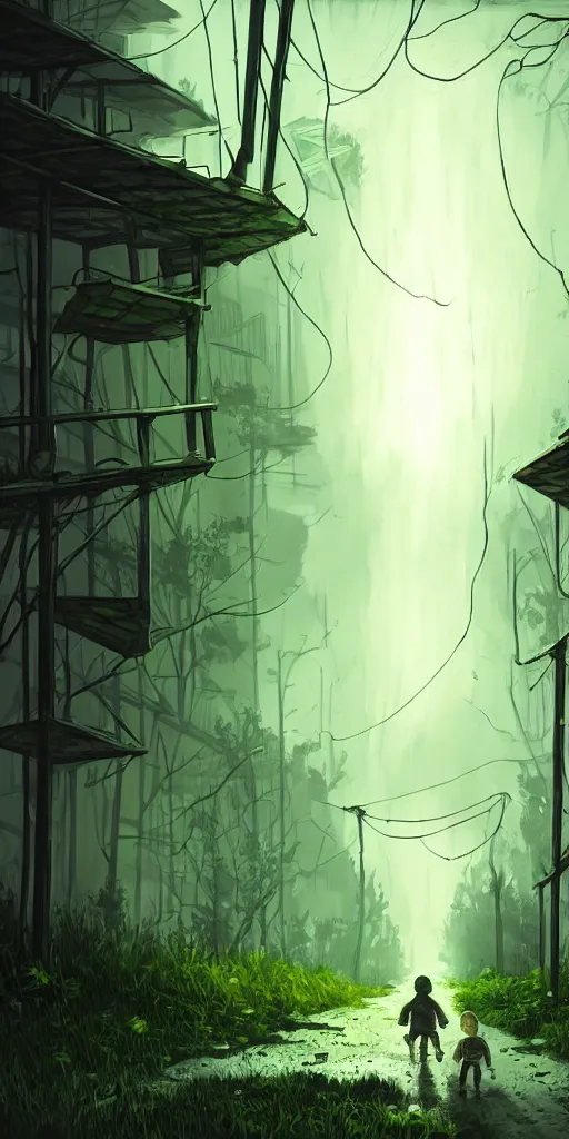 Image similar to abandoned apocalyptic old alley with a kid at the centre, trees background, epic green sunlight, perfect lightning, illustration by niko delort,