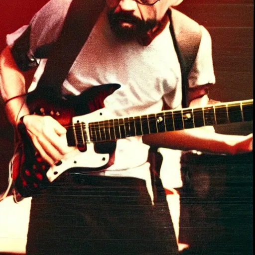 Image similar to walter white electric guitar concert, 1 9 9 0 s camera, film grain