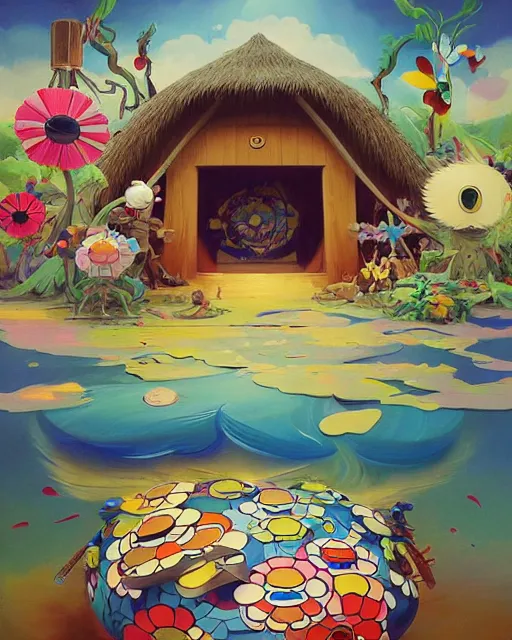 Prompt: a painting of a tiki hut with a totem pole, a surrealist painting by Takashi Murakami and by Naoto Hattori, by Jesper Ejsing, by RHADS, Makoto Shinkai and Lois van baarle, trending on deviantart, pop surrealism, lowbrow, grotesque, whimsical